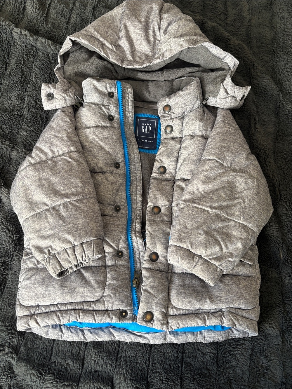 GAP Kids Heather Gray Puffer Jacket with Blue Trim